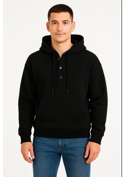 Erkek Ovarsize Kapüşonlu Swetshirt Kanguru Çepli Cıtcıtlı 3 Iplik Şardonlu Hoodie