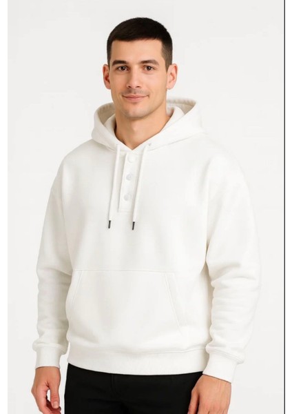 Erkek Ovarsize Kapüşonlu Swetshirt Kanguru Çepli Cıtcıtlı 3 Iplik Şardonlu Hoodie