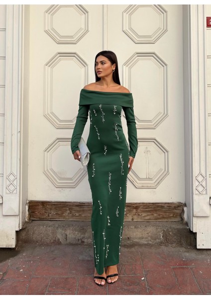 Taş Detaylı Straplez Yaka Scuba Kumaş Uzun Kol Elbise Zümrüt 583350