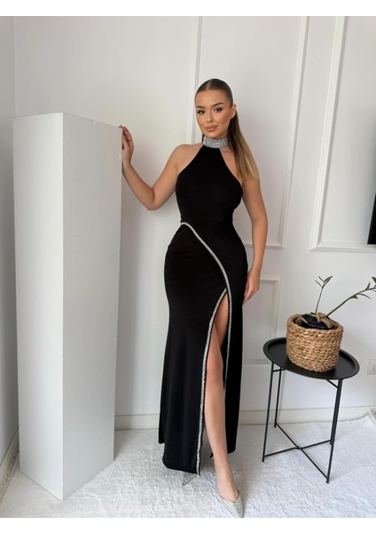 Halter Yaka Taşlı Scuba Abiye Elbise Siyah 583143