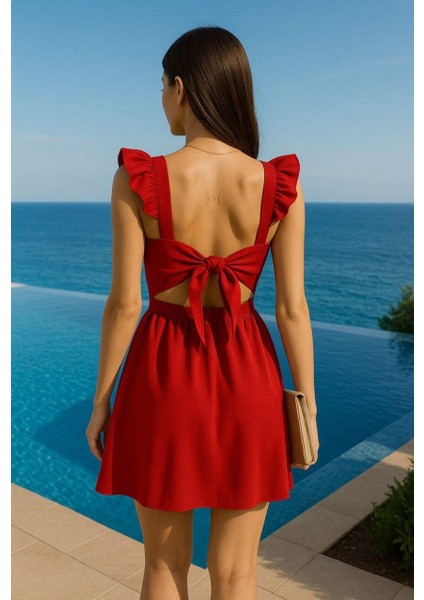 Krep Kumaş Sırt Dekolteli Mini Elbise Abiye Elbise Mezuniyet Elbisesi 581389 Kırmızı fiyatları