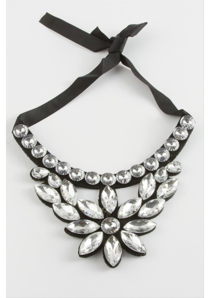 Ds-Derin Çiçek Taşlı Yaka Kolye-Antrasit
