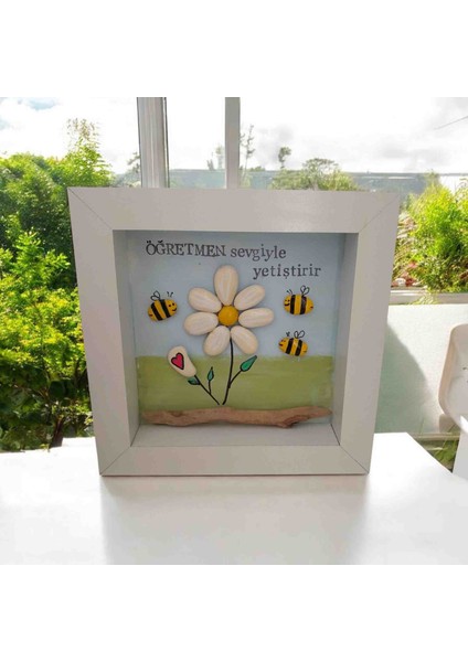 Öğretmene Hediye El Yapımı Taş Boyama Arılı Çiçek Tablosu