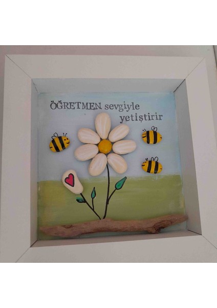 Öğretmene Hediye El Yapımı Taş Boyama Arılı Çiçek Tablosu fiyatları
