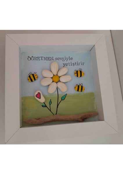 Öğretmene Hediye El Yapımı Taş Boyama Arılı Çiçek Tablosu modelleri