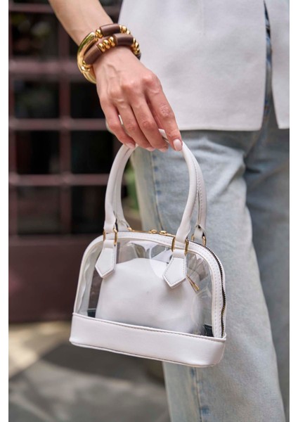 Beyaz Kadın Şeffaf Mini El ve Omuz Çantası