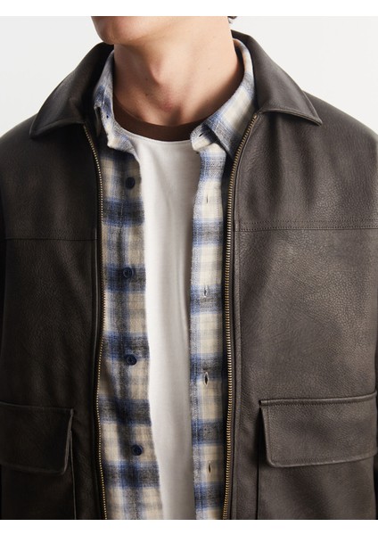 Yeni Sezon Standart Kalıp Gömlek Yaka Erkek Deri Görünümlü Ceket modelleri