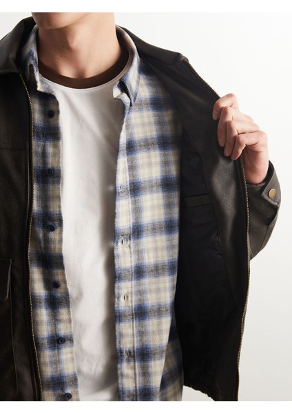 Yeni Sezon Standart Kalıp Gömlek Yaka Erkek Deri Görünümlü Ceket fırsatları