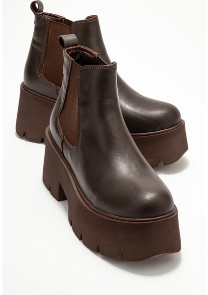 Clen Kahverengi Cilt Hakiki Deri Lastikli Kadın Kalın Tabanlı Bot