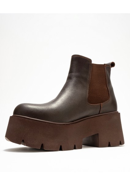 Clen Kahverengi Cilt Hakiki Deri Lastikli Kadın Kalın Tabanlı Bot fırsatları
