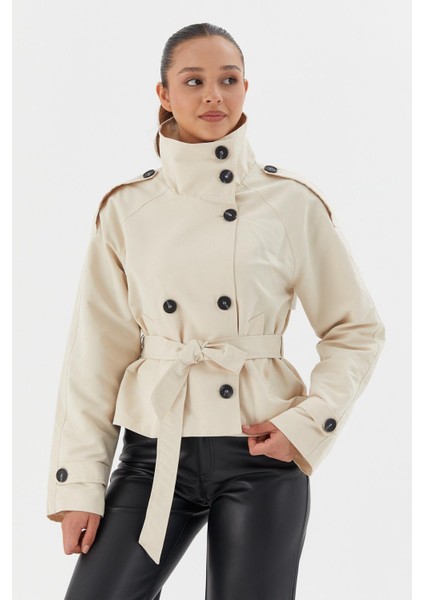 Beli Kuşaklı Crop Trençkot Ekru fiyatları