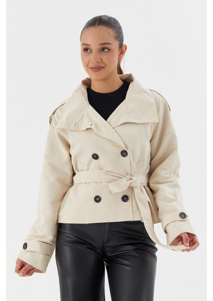 Beli Kuşaklı Crop Trençkot Ekru modelleri