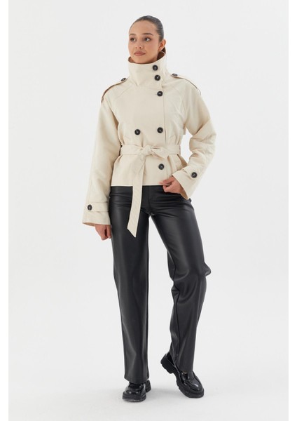 Beli Kuşaklı Crop Trençkot Ekru fırsatları