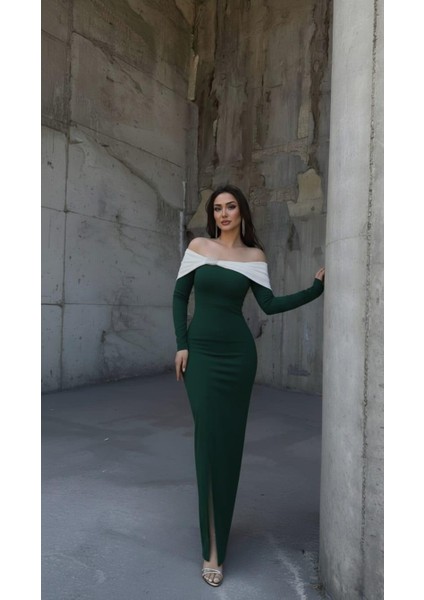 Esnek Krep Kumaş Fiyonk & Taş Detaylı Abiye Uzun Kol Elbise 583354 Zümrüt