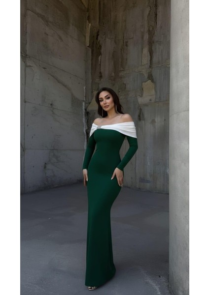 Esnek Krep Kumaş Fiyonk & Taş Detaylı Abiye Uzun Kol Elbise 583354 Zümrüt fiyatları