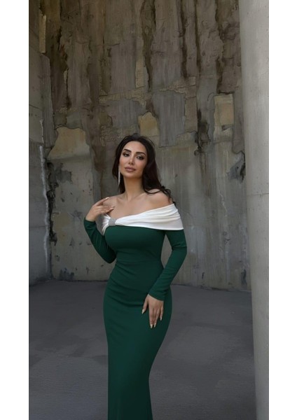 Esnek Krep Kumaş Fiyonk & Taş Detaylı Abiye Uzun Kol Elbise 583354 Zümrüt modelleri