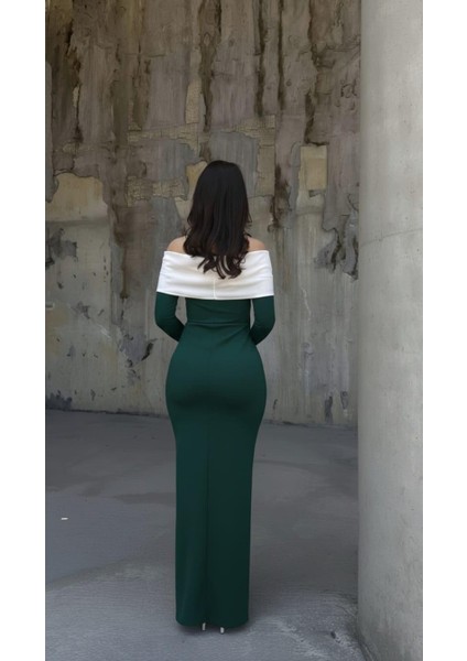 Esnek Krep Kumaş Fiyonk & Taş Detaylı Abiye Uzun Kol Elbise 583354 Zümrüt fırsatları