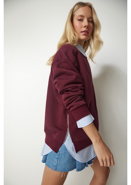 Fermuar Detaylı Şardonlu Sweatshirt LUB0003 Bordo