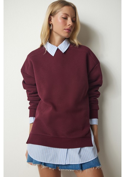 Fermuar Detaylı Şardonlu Sweatshirt LUB0003 Bordo modelleri