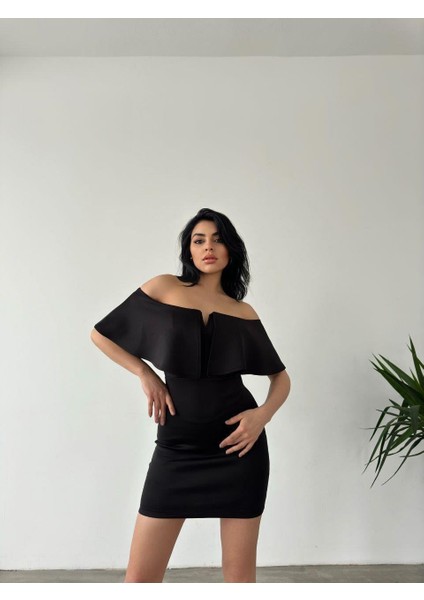 Düşük Omuz Mini Scuba Elbise 58985 Siyah