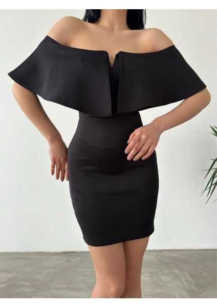 Düşük Omuz Mini Scuba Elbise 58985 Siyah modelleri