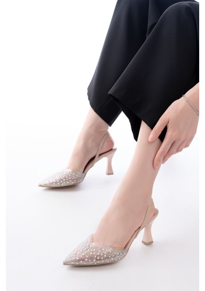 V-1005 Bej Günlük Arkası Açık Taşlı Topuklu Bayan Ayakkabı fiyatları