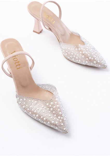 V-1005 Bej Günlük Arkası Açık Taşlı Topuklu Bayan Ayakkabı modelleri