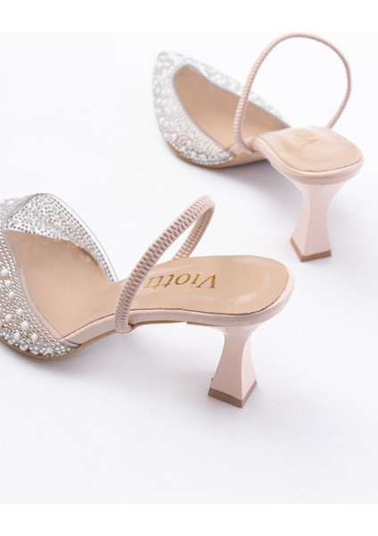V-1005 Bej Günlük Arkası Açık Taşlı Topuklu Bayan Ayakkabı fırsatları