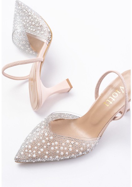 V-1005 Bej Günlük Arkası Açık Taşlı Topuklu Bayan Ayakkabı indirimleri