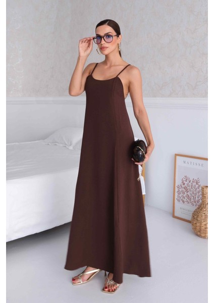 Aerobin Kumaş Ayarlanabilir Askılı Uzun Kahverengi Elbise