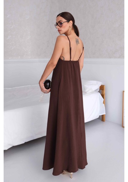 Aerobin Kumaş Ayarlanabilir Askılı Uzun Kahverengi Elbise modelleri
