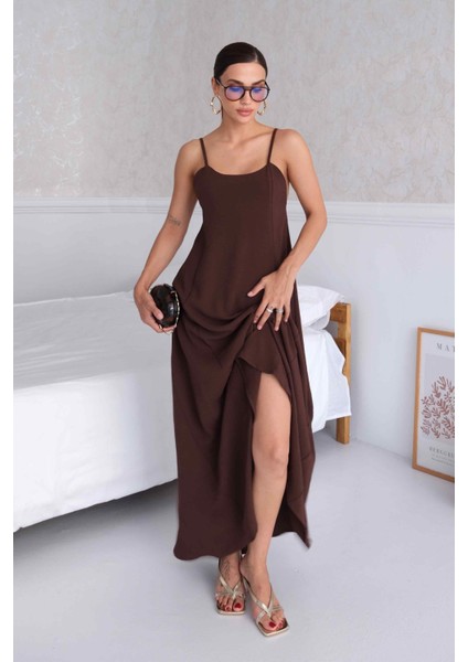 Aerobin Kumaş Ayarlanabilir Askılı Uzun Kahverengi Elbise fırsatları