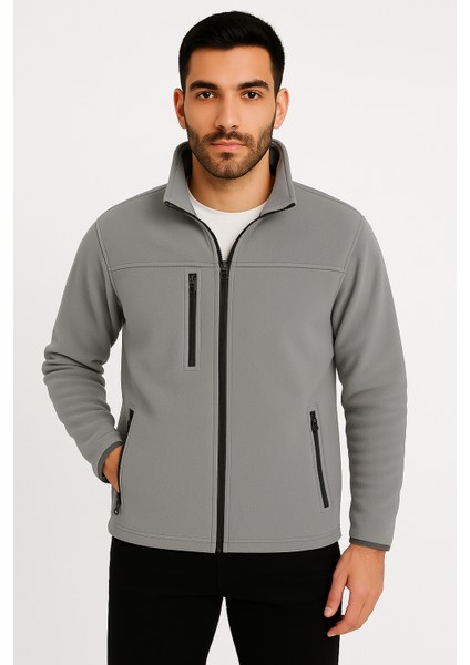 Erkek Anti-Pilling Tüylenme Yapmayan Standart Fit Dik Yaka Soğuk Geçirmez Üç Cepli Fermuarlı Polar