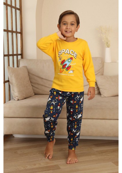 Space Baskılı Erkek Çocuk Pijama takımı - Sarı
