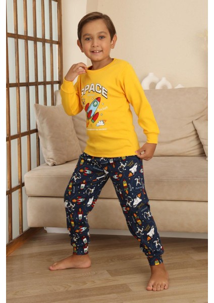Space Baskılı Erkek Çocuk Pijama takımı - Sarı fırsatları