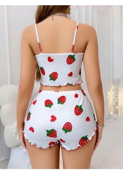 Kadın Beyaz Çilek Desenli Şortlu Pijama Takımı 5053 fiyatları