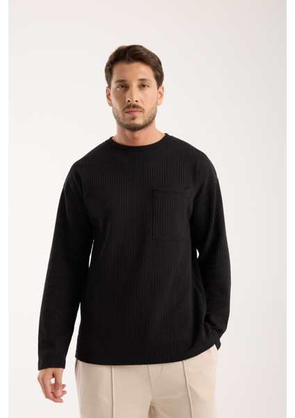 Basic Pamuklu Waffle Kumaş Erkek Sweatshirt – Rahat Kesim Düz Renk Uzun Kol Bisiklet Yaka