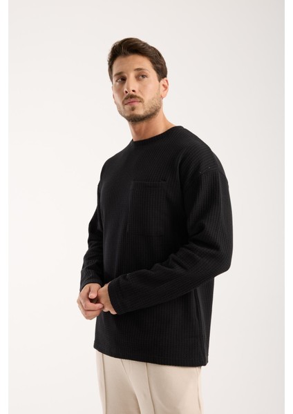 Basic Pamuklu Waffle Kumaş Erkek Sweatshirt – Rahat Kesim Düz Renk Uzun Kol Bisiklet Yaka fırsatları