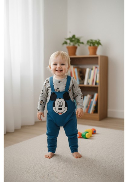 Mickey Mouse Baskılı Içi Badili Salopet Bebek Tulumu