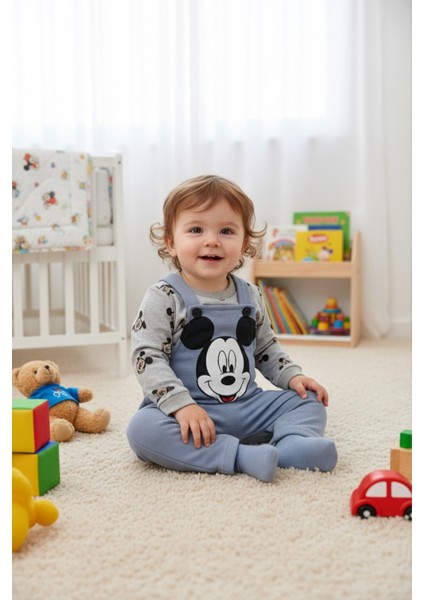 Mickey Mouse Baskılı Içi Badili Salopet Bebek Tulumu