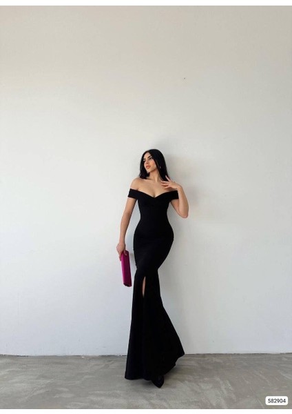 Krep Kumaş Kısa Kollu Kayık Yaka Yırtmaç Detay Maxi Boy Abiye Elbise 582904 Siyah