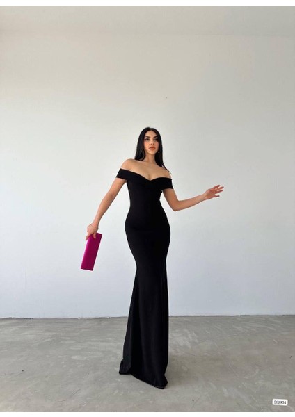 Krep Kumaş Kısa Kollu Kayık Yaka Yırtmaç Detay Maxi Boy Abiye Elbise 582904 Siyah fiyatları