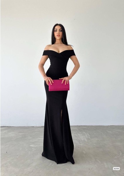 Krep Kumaş Kısa Kollu Kayık Yaka Yırtmaç Detay Maxi Boy Abiye Elbise 582904 Siyah modelleri