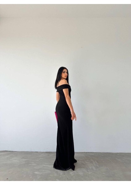 Krep Kumaş Kısa Kollu Kayık Yaka Yırtmaç Detay Maxi Boy Abiye Elbise 582904 Siyah fırsatları