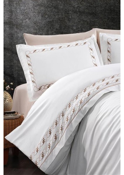 Lale Nakışlı %100 Pamuk Çift Kişilik Nevresim Takımı Vizon