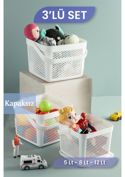 3'lü Set Oyuncak Saklama Kutusu Bebek Çocuk Odası Düzenleyici Çok Amaçlı Organizer 5-8-12LT Beyaz