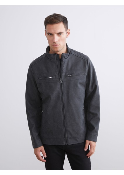 Yeni Sezon Biker Yaka Deri Görünümlü Erkek Ceket