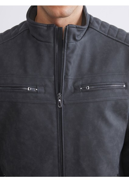 Yeni Sezon Biker Yaka Deri Görünümlü Erkek Ceket modelleri