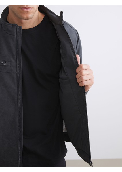 Yeni Sezon Biker Yaka Deri Görünümlü Erkek Ceket fırsatları