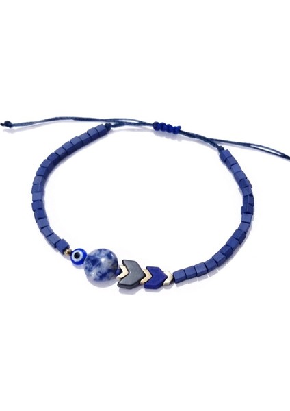 Sodalit ve Hematit Doğaltaşlı Nazar ve Küp Miyuki Boncuklu Unisex Bileklik